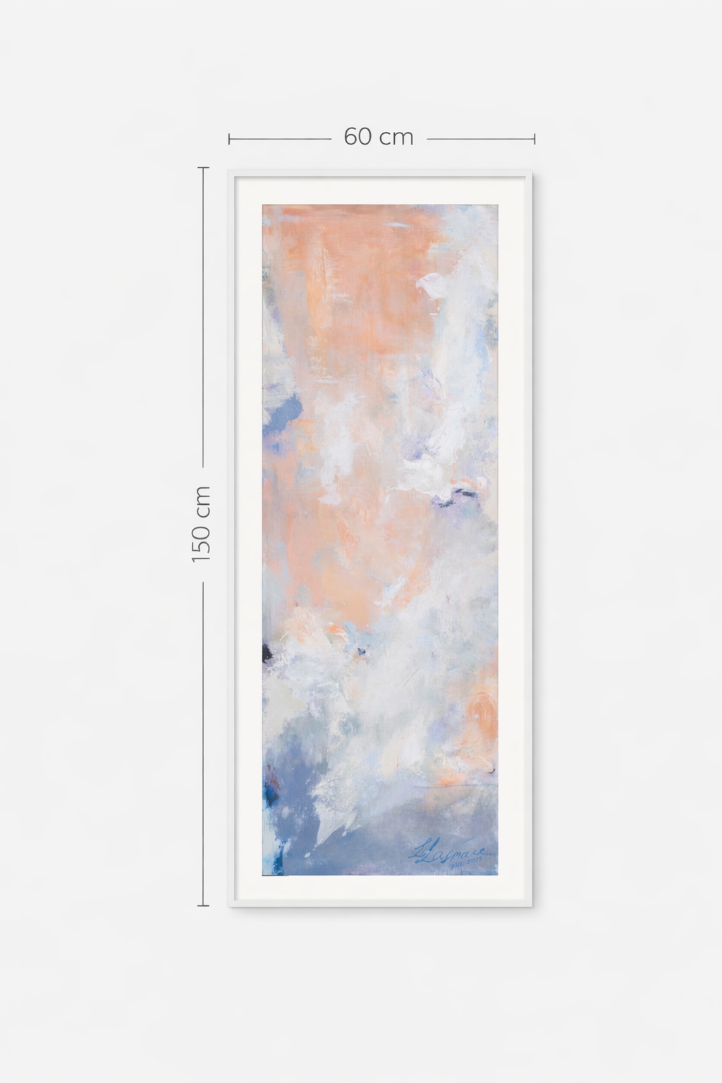 Wanderlust - limited edition giclée print by Zane Lasmane, abstract vertical landscape in peach and atmospheric blue, 60×150 cm, Hahnemühle Photo Rag Satin