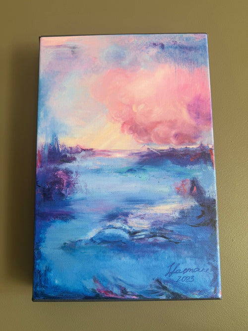 Depth, 20×30 cm open edition canvas print by Zane Lasmane, abstract landscape in soft blue and rose tones
