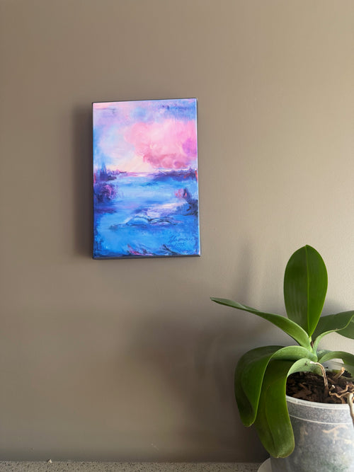 Depth, 20×30 cm open edition canvas print by Zane Lasmane, abstract landscape in soft blue and rose tones