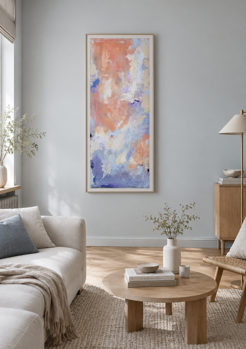 Nordic atmospheric living room with central vertical print Wanderlust - printed by original acrylic piece by artist Zane Lasmane