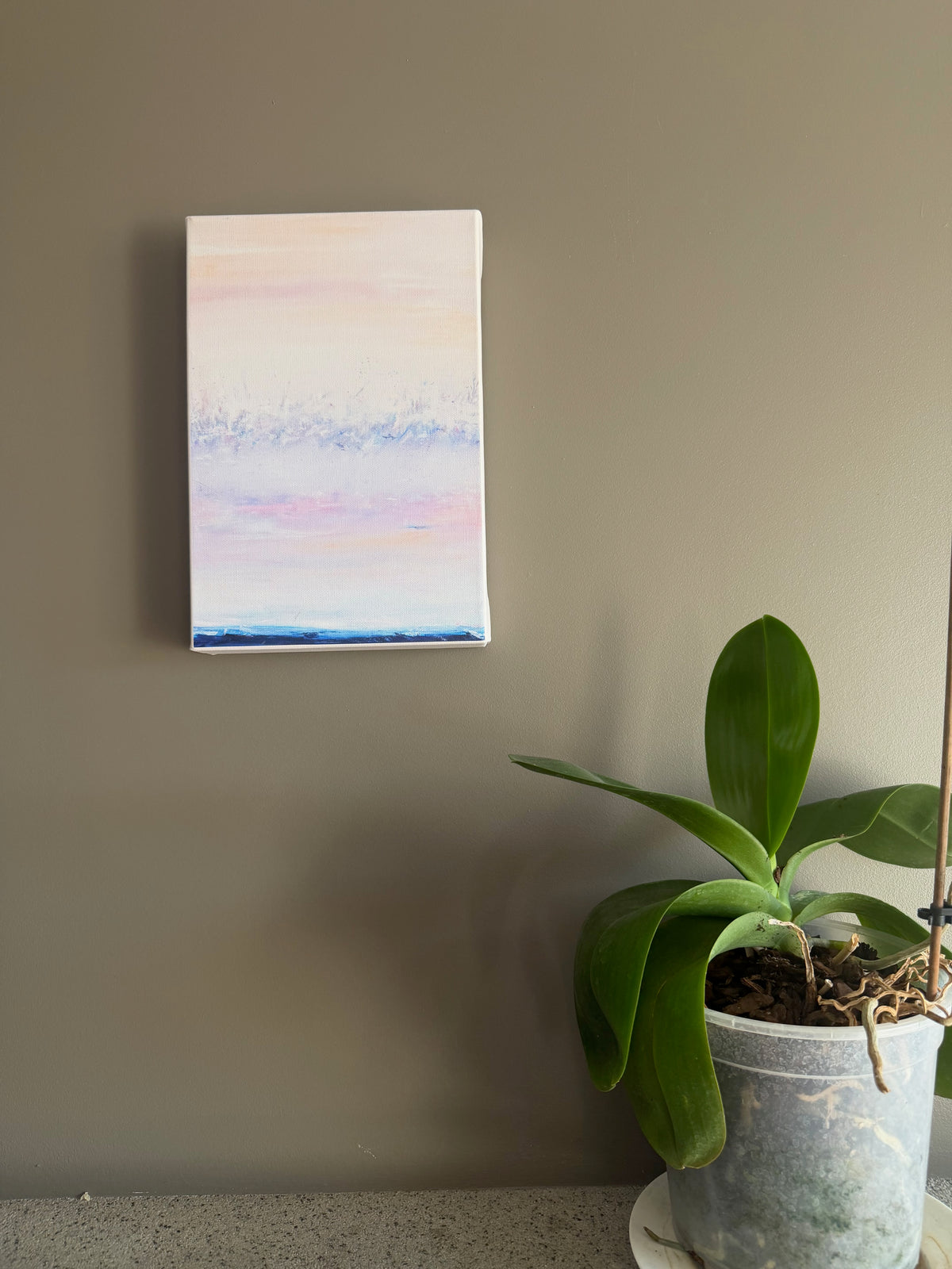 Morning Mist, 20×30 cm open edition canvas print by Zane Lasmane, abstract landscape in pale rose and muted blue