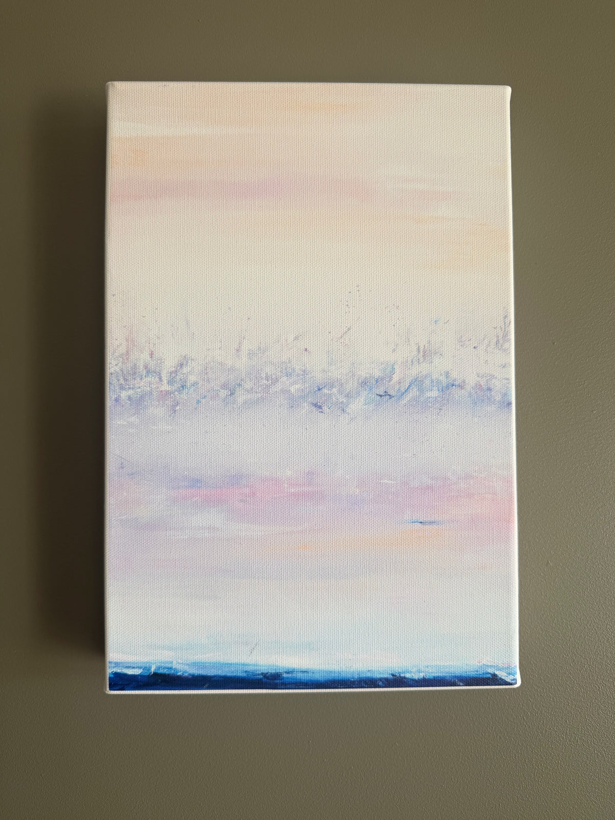 Morning Mist, 20×30 cm open edition canvas print by Zane Lasmane, abstract landscape in pale rose and muted blue