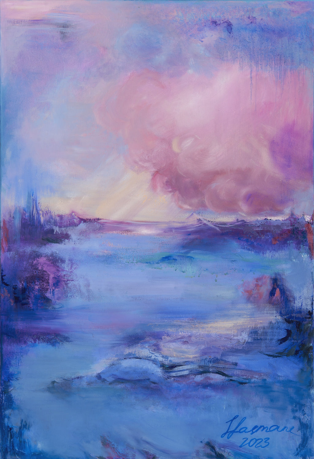 Depth - limited edition giclée print by Zane Lasmane, abstract landscape in soft blue and rose tones, Hahnemühle Photo Rag Satin