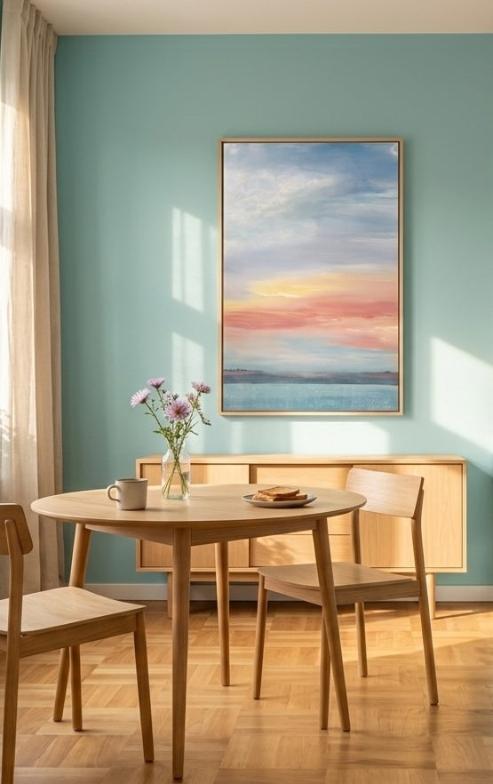 Rising, an original abstract landscape acrylic painting by artist Zane Lasmane, hung on kitchen wall.