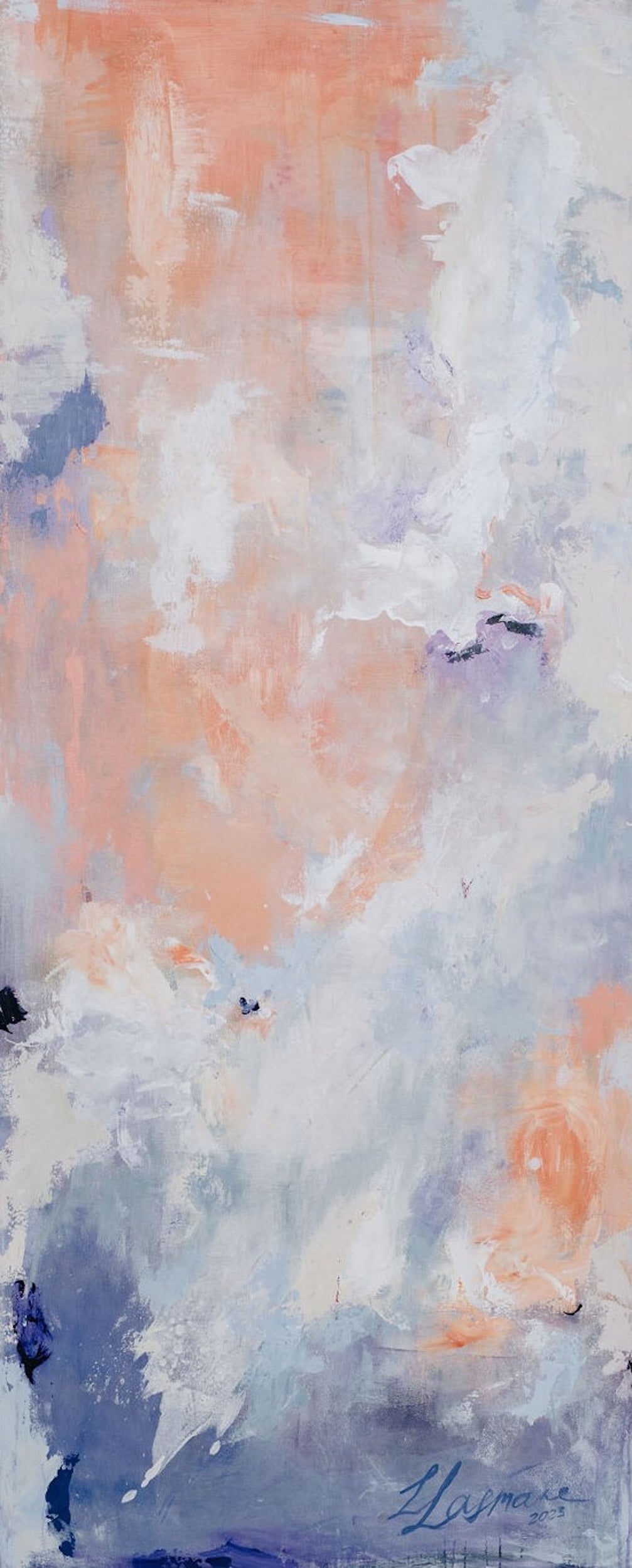 Wanderlust - limited edition giclée print by Zane Lasmane, abstract vertical landscape in peach and atmospheric blue, 60×150 cm, Hahnemühle Photo Rag Satin