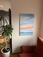 Rising -original painting, acrylic on canvas, painted by artist Zane Lasmane, hung on wall in a living room.