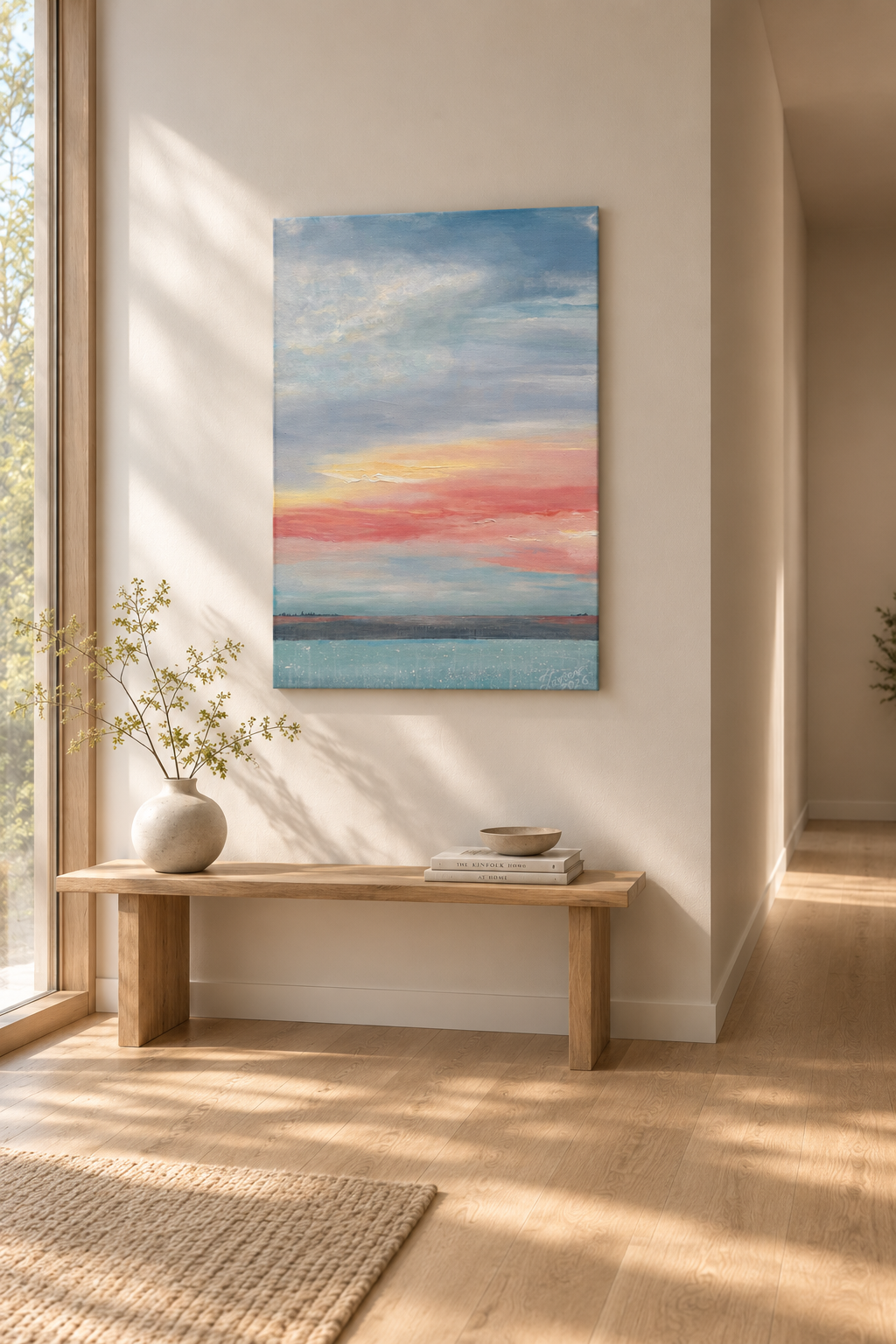 Rising, an original abstract landscape painting in teal blues, orange and pink and deep blue, signed by artist Zane Lasmane