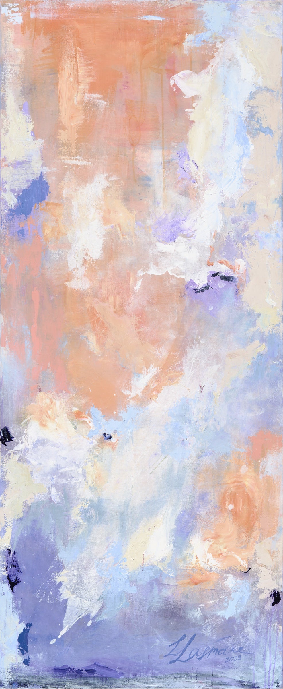 Wanderlust - limited edition giclée print by Zane Lasmane, abstract vertical landscape in peach and atmospheric blue, 60×150 cm, Hahnemühle Photo Rag Satin